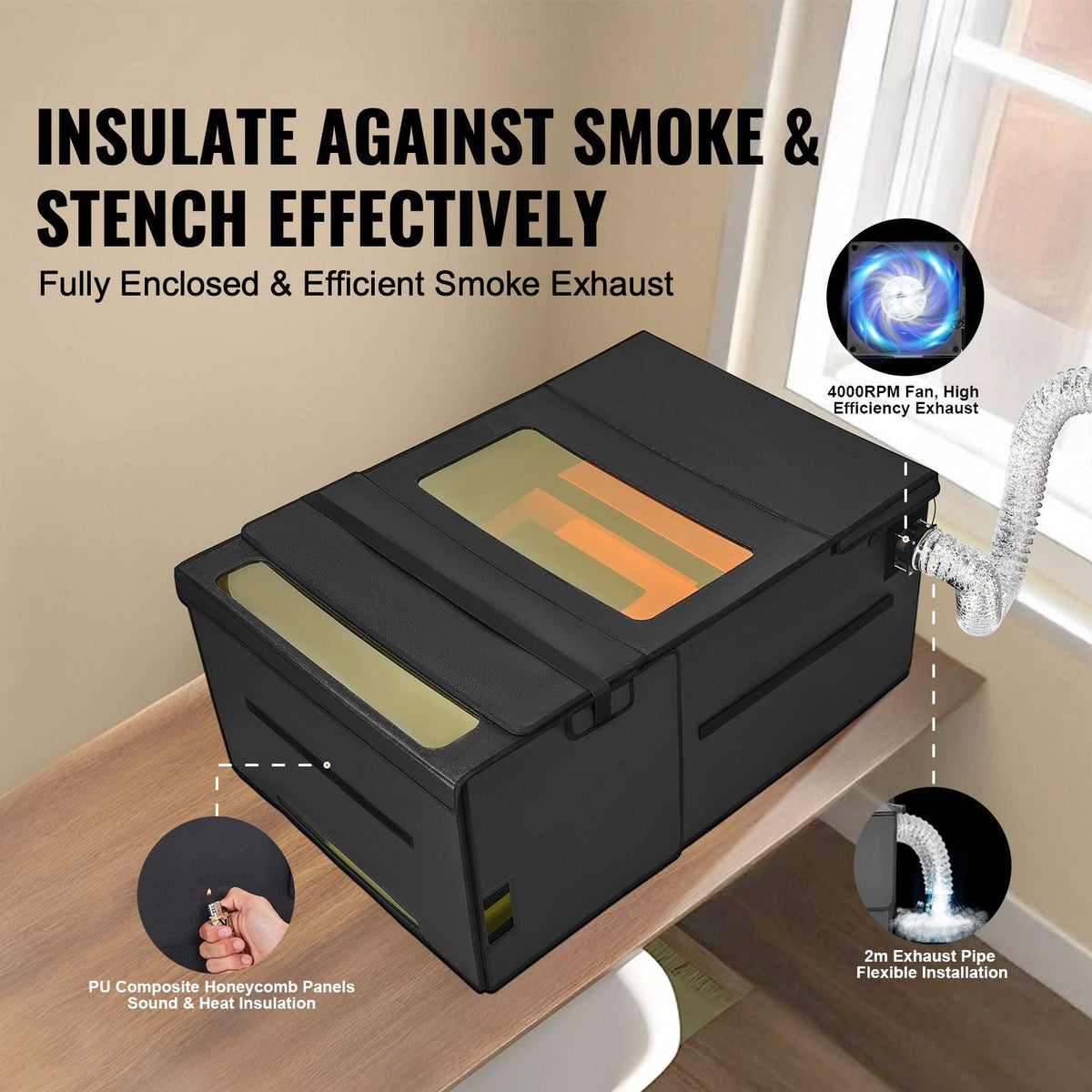 Laser Engraver Enclosure, 48 x 31.5 x 19.6", Dual-Direction Viewing, Flame Retardant and Fireproof Protective Cover, with Exhaust Fan and Pipe, Insulates Smoke, Noise and Eye Protection