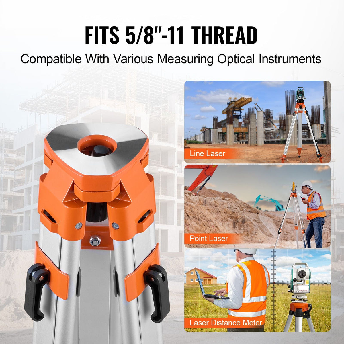 Laser Level Tripod Stand, 5/8"-11 Thread Mount, 16.53-65.55 inch Height Adjustment Heavy Duty Survey Tripod for Construction Laser Level Scanner, Retractable Legs Non-Skid Feet Professional