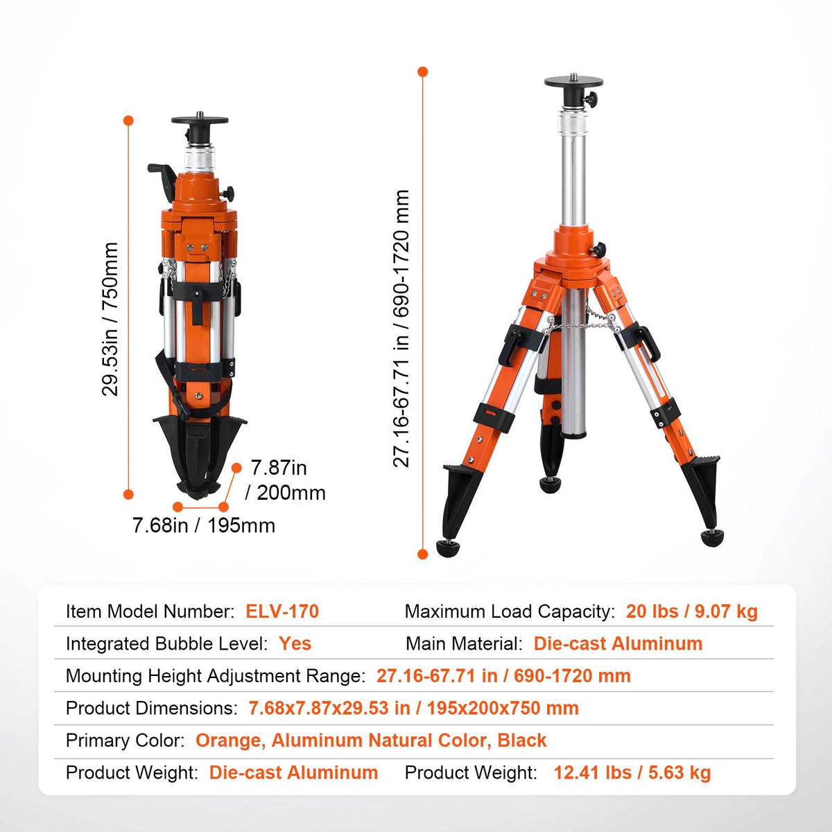 Laser Level Tripod Stand, 5/8"-11 Thread Mount, 27.16-67.71 inch Height Adjustment Heavy Duty Survey Tripod, with Level Bubble & Diffusion Limiter , Liftable Non-Skid Feet for Construction
