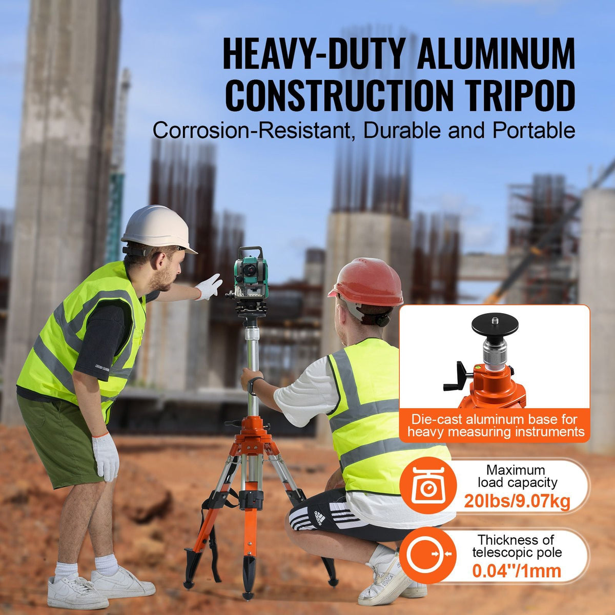 Laser Level Tripod Stand, 5/8"-11 Thread Mount, 27.16-67.71 inch Height Adjustment Heavy Duty Survey Tripod, with Level Bubble & Diffusion Limiter , Liftable Non-Skid Feet for Construction