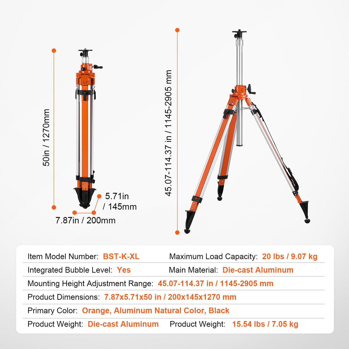 Laser Level Tripod Stand, 5/8"-11 Thread Mount, 45.07-114.37 inch Height Adjustment Heavy Duty Survey Tripod, with Level Bubble & Diffusion Limiter , Liftable Non-Skid Feet for Construction