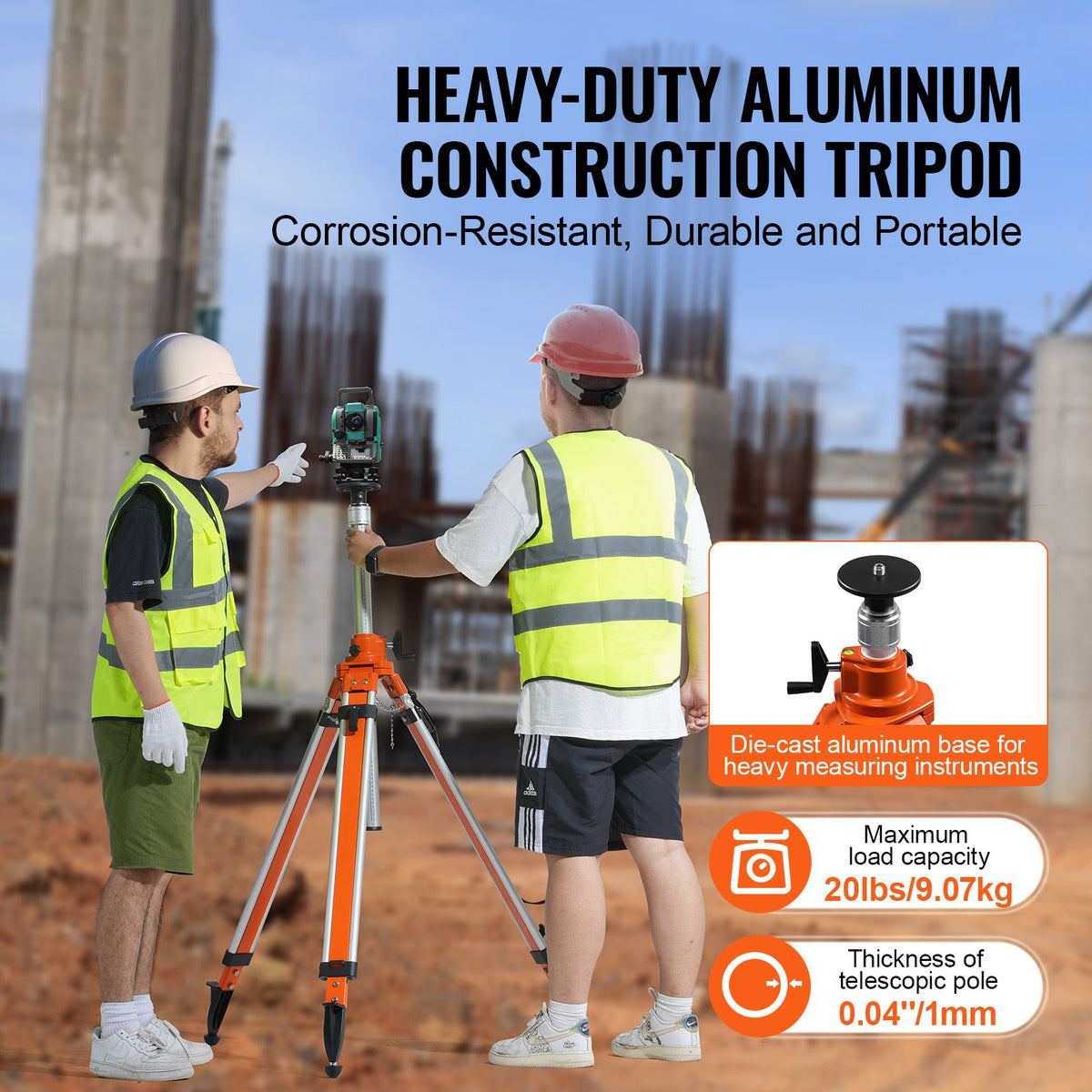 Laser Level Tripod Stand, 5/8"-11 Thread Mount, 45.07-114.37 inch Height Adjustment Heavy Duty Survey Tripod, with Level Bubble & Diffusion Limiter , Liftable Non-Skid Feet for Construction