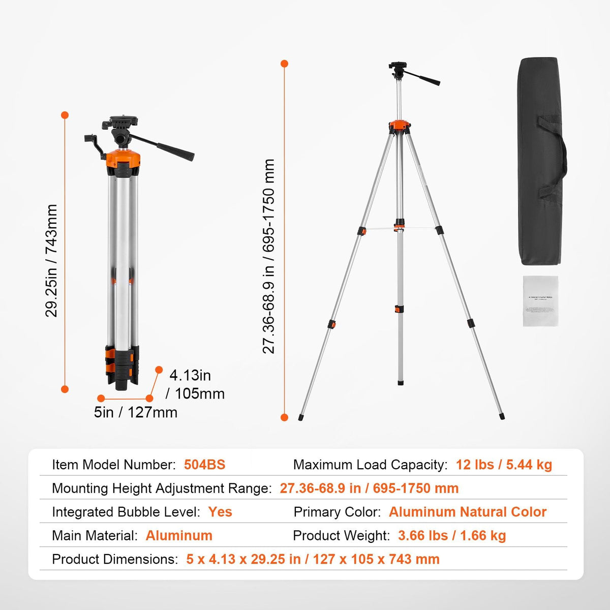 Laser Level Tripod, ¼ x 20 Thread Mount, 27.36-68.11 inch Height Adjustment with Integrated Level Bubble Lightweight Laser Scanner Stand, Retractable Legs Aluminum Tripod for Stable Measurement