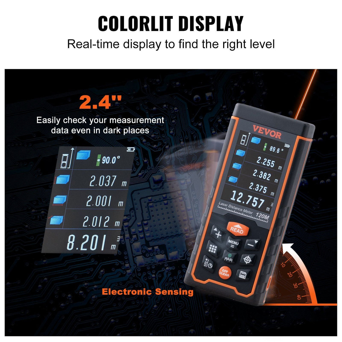 Laser Measure, 400 ft, ±1/16'' Accuracy Laser Distance Measure with 100-Group Storage, ft/m/in/ft+in, 2.4'' Colorlit LCD Screen Laser Meter, Pythagorean Mode, Measure Distance, Area and Volume