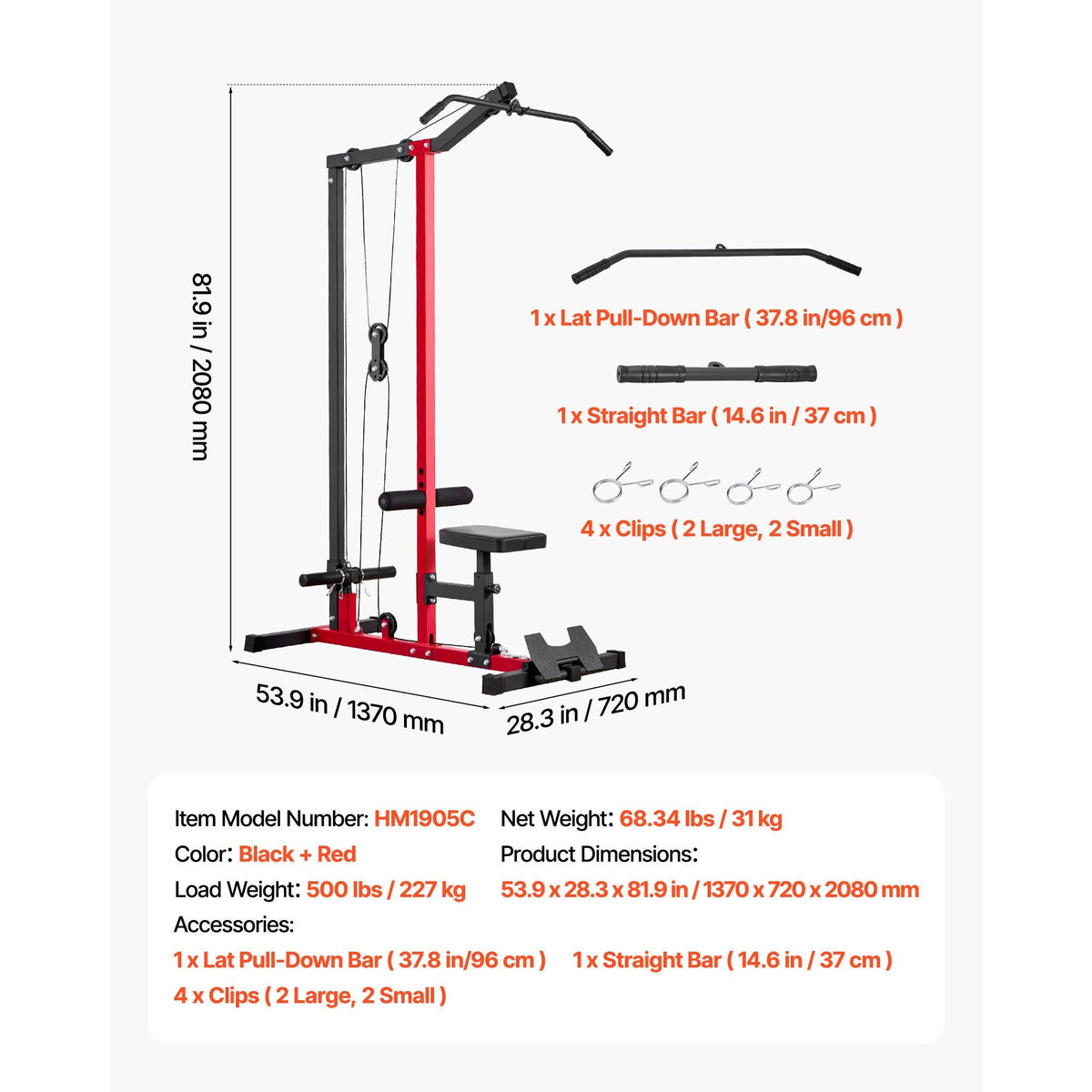 LAT Pull Down Machine, 2-in-1 Row Cable Machine, Cable Machines Home Gym with 3-Level Adjustable Seat, 4-Level Adjustable Foam Roller, Load 500 lbs Lat Tower for Back, Chest, Tricep, Black Red