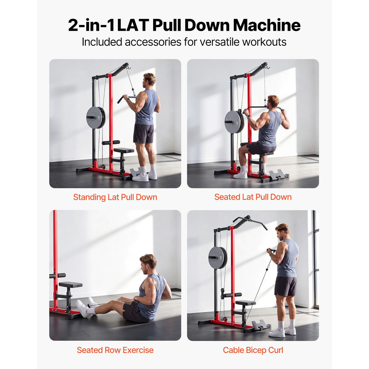 LAT Pull Down Machine, 2-in-1 Row Cable Machine, Cable Machines Home Gym with 3-Level Adjustable Seat, 4-Level Adjustable Foam Roller, Load 500 lbs Lat Tower for Back, Chest, Tricep, Black Red