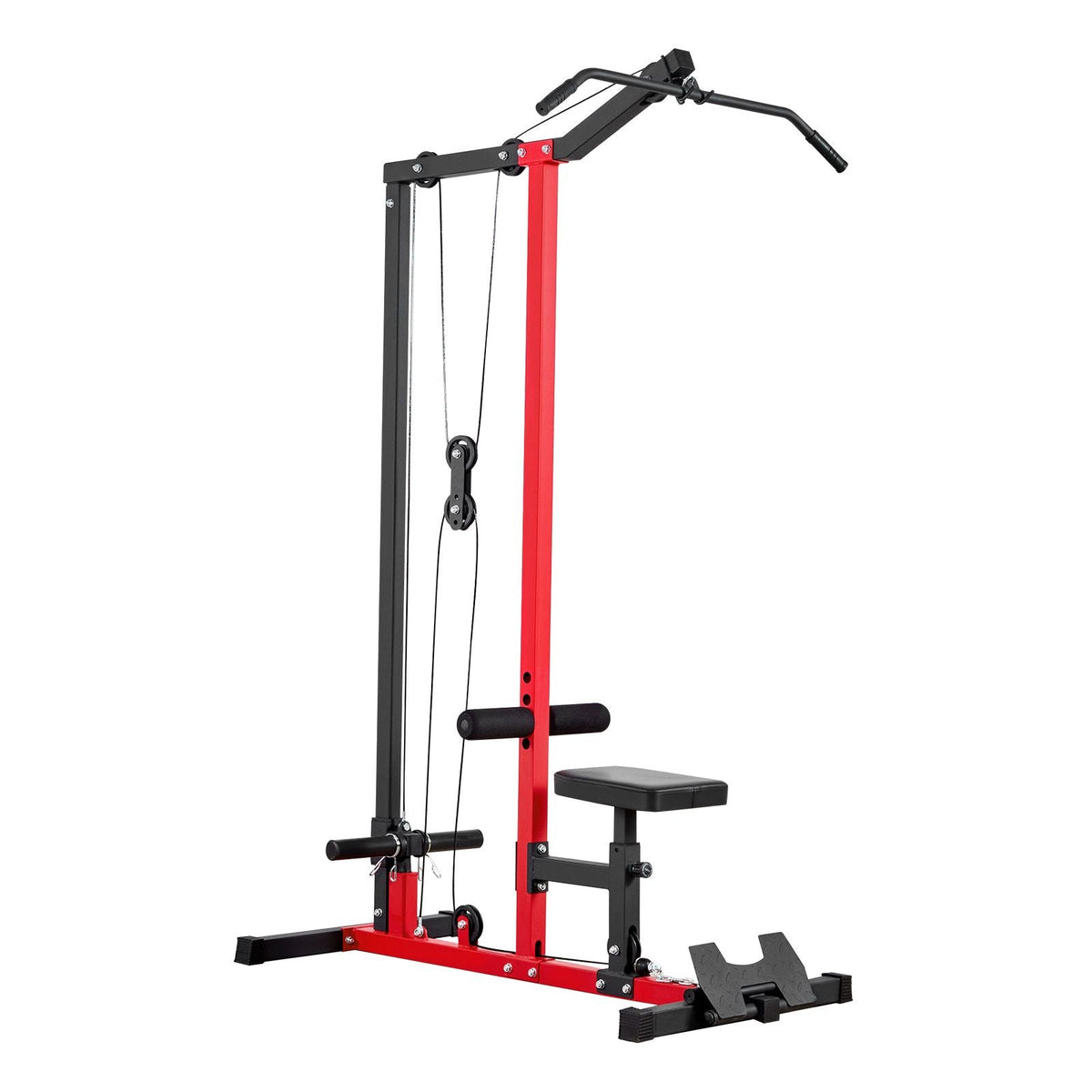 LAT Pull Down Machine, 2-in-1 Row Cable Machine, Cable Machines Home Gym with 3-Level Adjustable Seat, 4-Level Adjustable Foam Roller, Load 500 lbs Lat Tower for Back, Chest, Tricep, Black Red