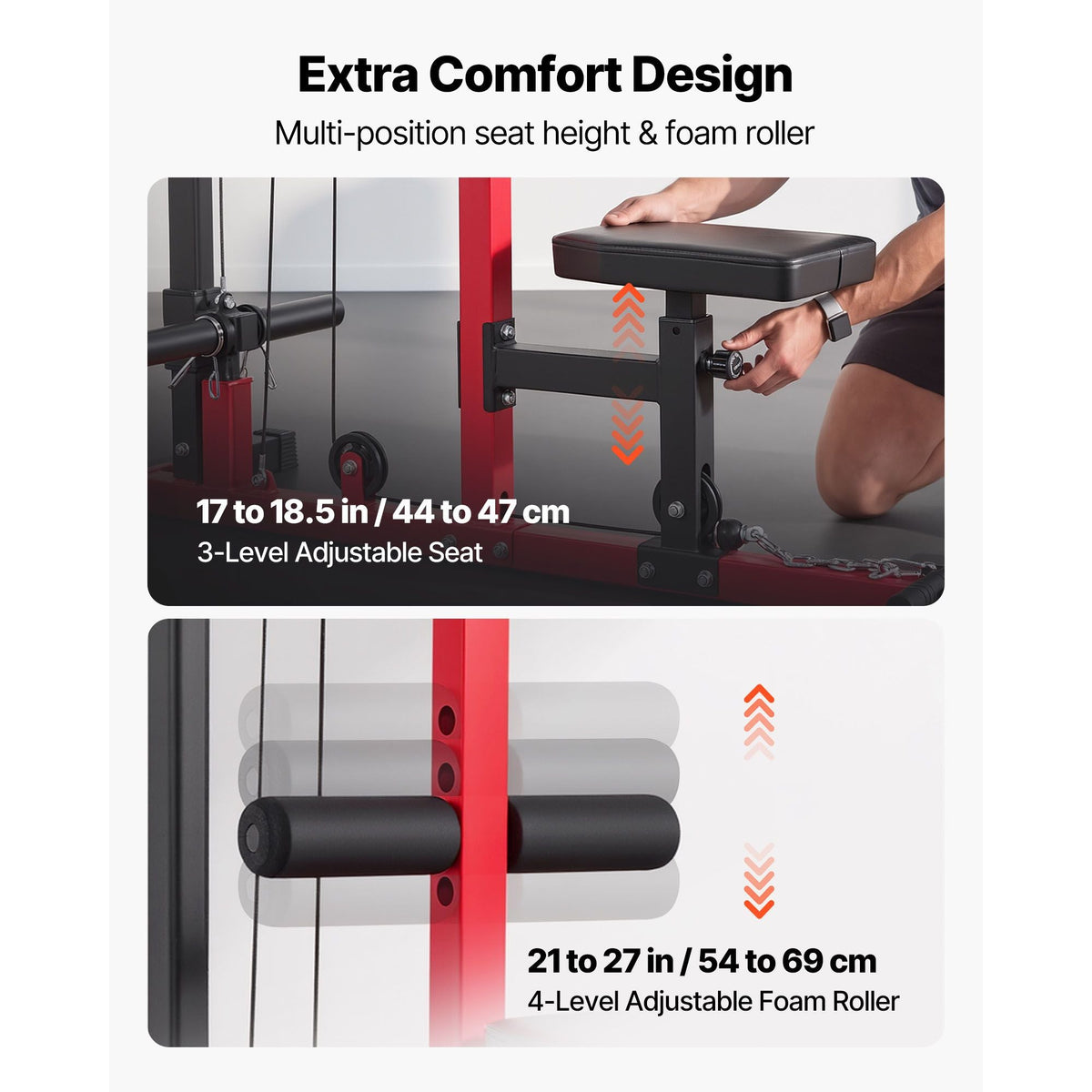 LAT Pull Down Machine, 2-in-1 Row Cable Machine, Cable Machines Home Gym with 3-Level Adjustable Seat, 4-Level Adjustable Foam Roller, Load 500 lbs Lat Tower for Back, Chest, Tricep, Black Red