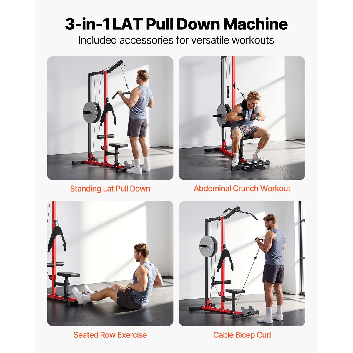 LAT Pull Down Machine, 3-in-1 Row Cable Machine, Cable Machines Home Gym with 3-Level Adjustable Seat, 4-Level Adjustable Foam Roller, Load 400 lbs Lat Tower for Back, Chest, Tricep, Black