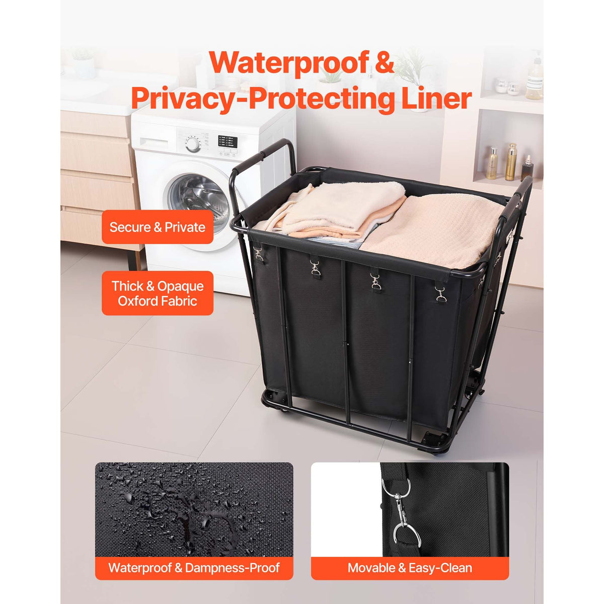 Laundry Cart, Rolling Grocery Utility Cart with Waterproof Liner & Swivel Wheels, 260 LBS Large Load Capacity, Heavy Duty Shopping Basket for Laundry, Shopping, Camping, Grocery, Luggage, Black