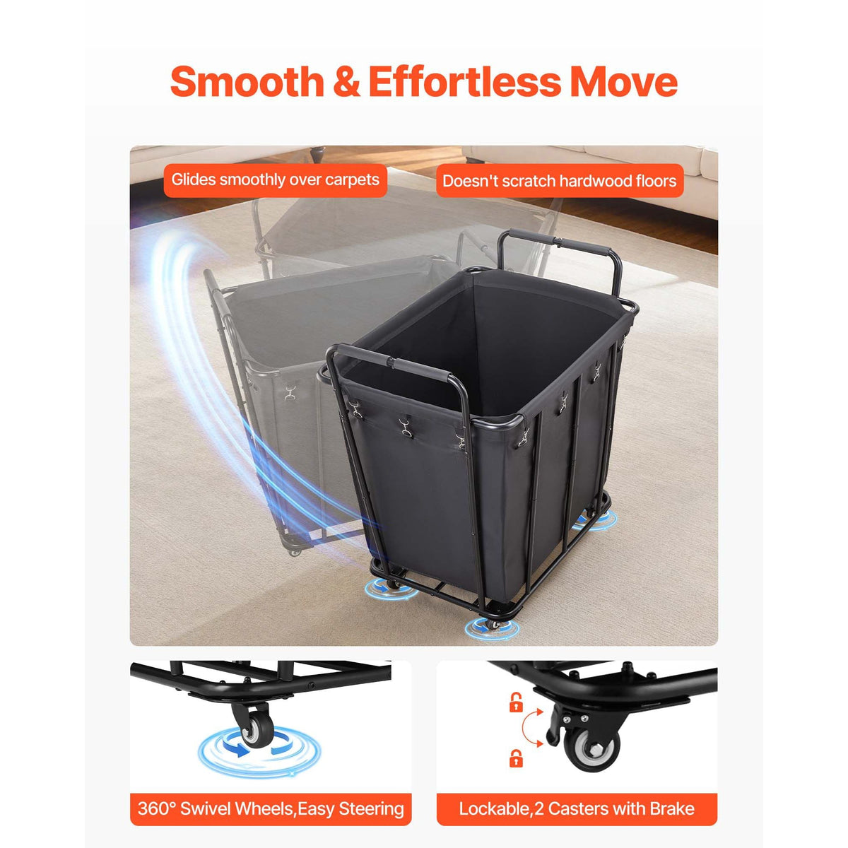 Laundry Cart, Rolling Grocery Utility Cart with Waterproof Liner & Swivel Wheels, 260 LBS Large Load Capacity, Heavy Duty Shopping Basket for Laundry, Shopping, Camping, Grocery, Luggage, Black