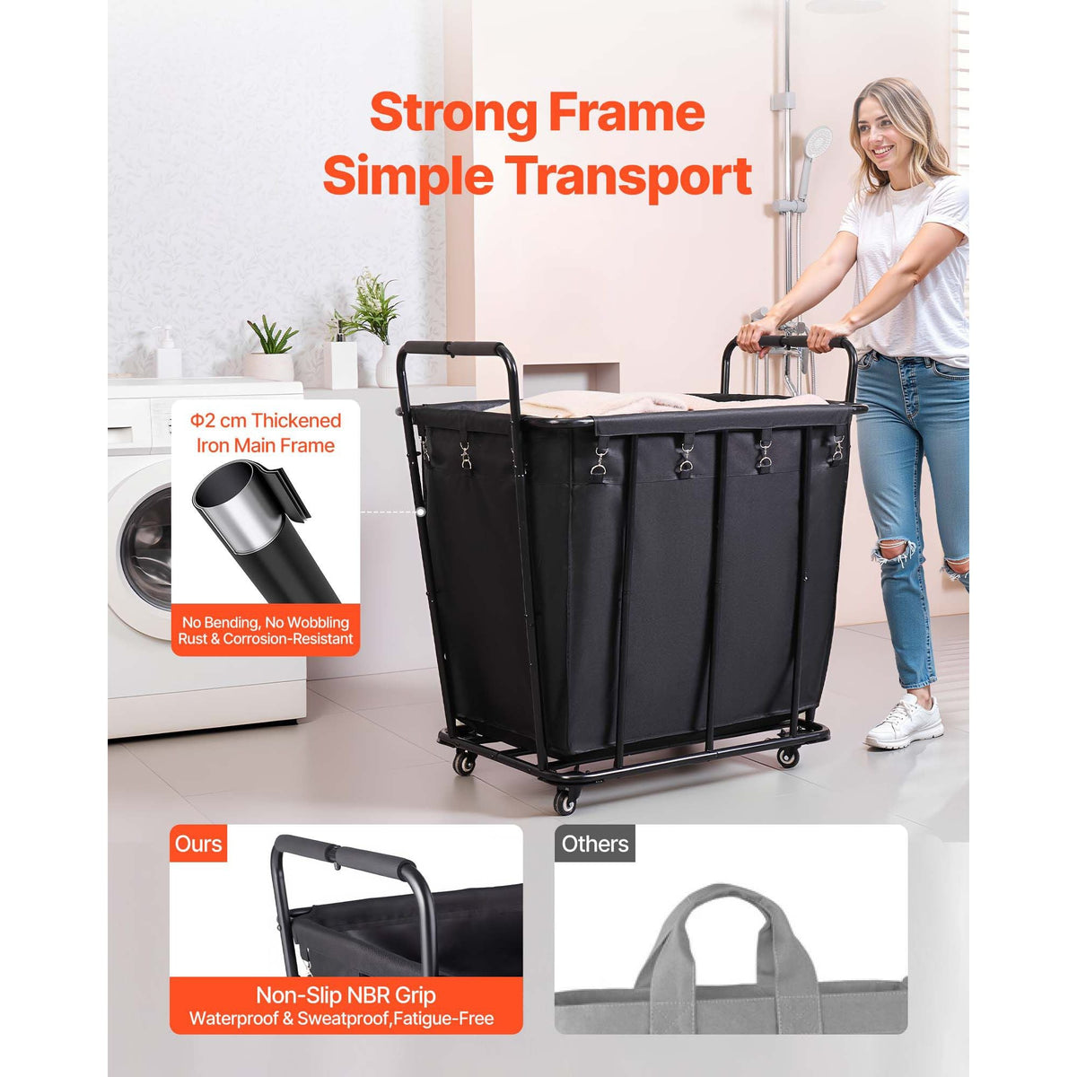 Laundry Cart, Rolling Grocery Utility Cart with Waterproof Liner & Swivel Wheels, 260 LBS Large Load Capacity, Heavy Duty Shopping Basket for Laundry, Shopping, Camping, Grocery, Luggage, Black