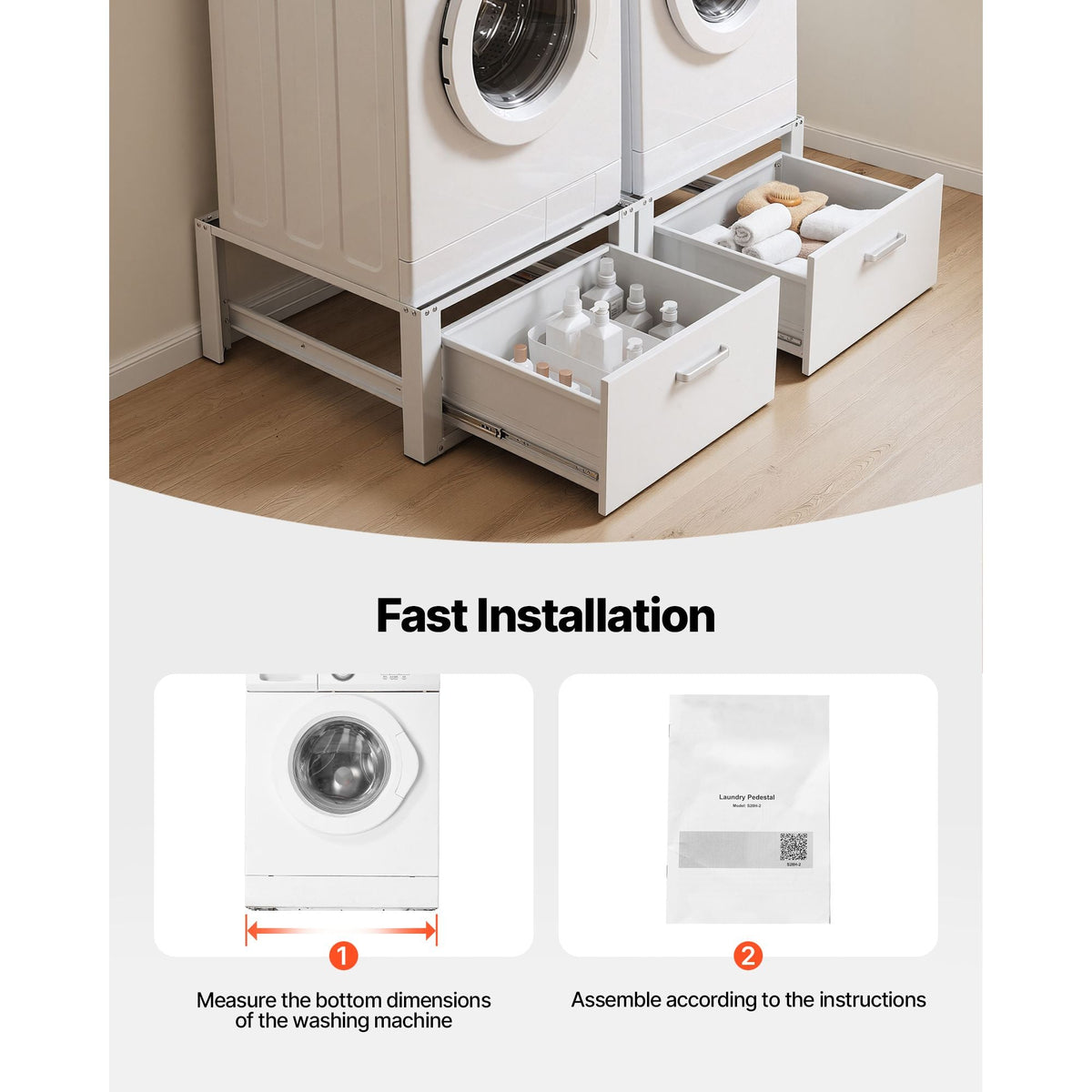 Laundry Pedestal, 14 in Height, Washer and Dryer Pedestals with Drawer, 700 lbs Weight Load Capacity, Non-Slip Feet, Heavy-duty Steel Washing Machine Stand Universal Fit, White, 2 Pack
