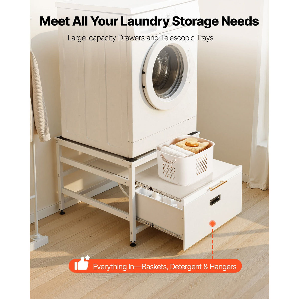 Laundry Pedestal, 23 in Height, 29 x 29 in Washer and Dryer Pedestals with Pull-out Tray and Storage Space, 700 lbs Load Capacity, Non-Slip Feet Washing Machine Stand Universal Fit, White