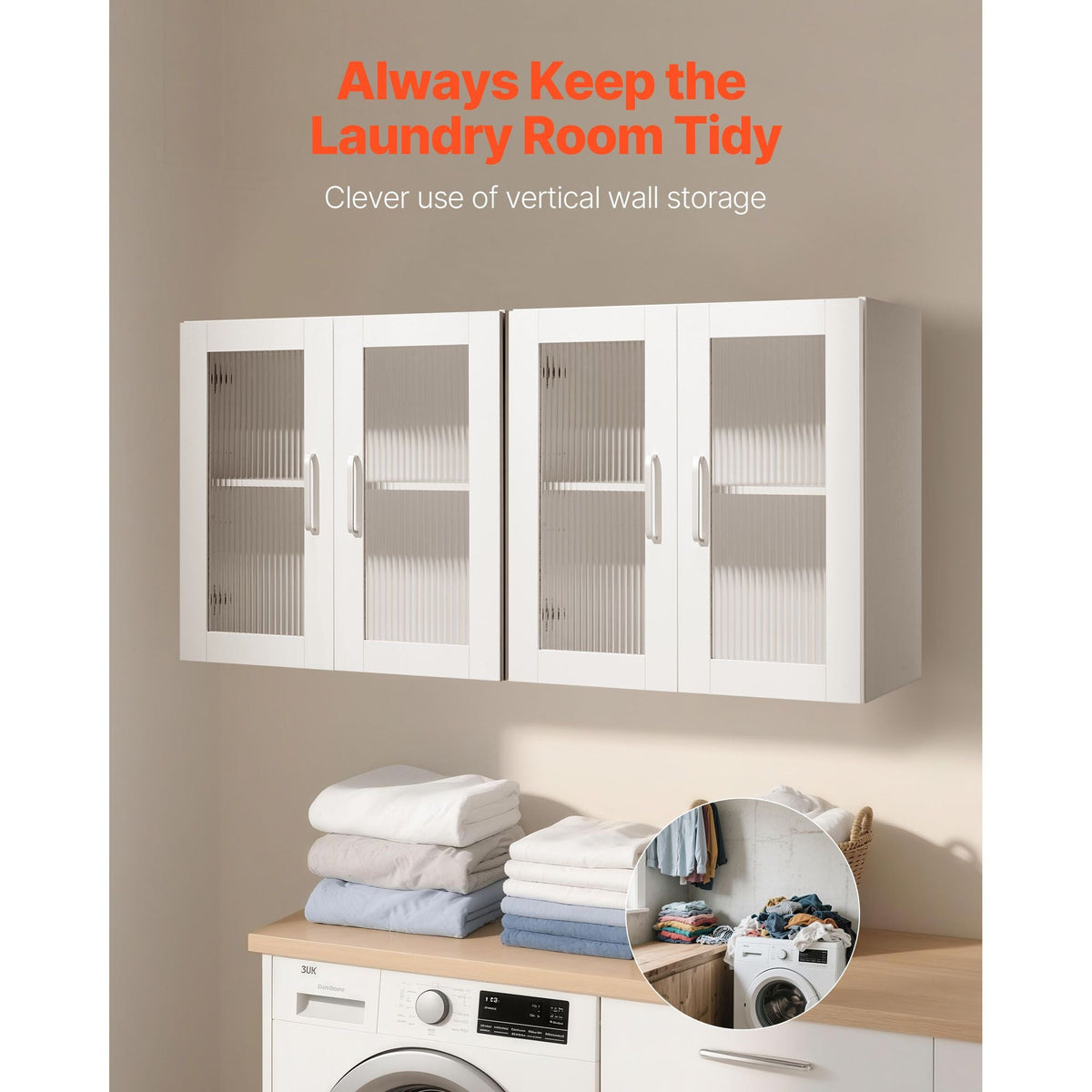Laundry Room Wall Cabinet, 2-Tier Wall Mounted Cabinet with Adjustable Shelf, Cupboard Storage with 4 Doors, for Kitchen, Bathroom, Laundry, Set of 2, Each 12 x 24 x 24 in (D x W x H), White