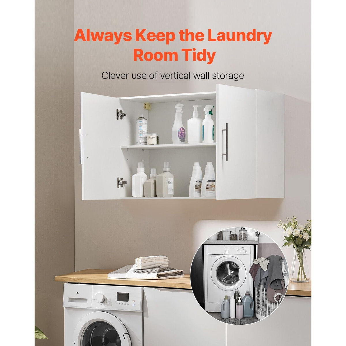 Laundry Room Wall Cabinet, 2-Tier Wall Mounted Hanging Cabinet with 2 Doors, Cupboard Organizer with Adjustable Shelf, for Bathroom, Kitchen, Garage, Laundry, 16 x 36 x 24 in (D x W x H), White