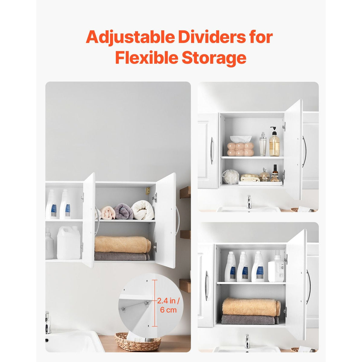 Laundry Room Wall Cabinet, 2-Tier Wall Mounted Hanging Cabinet with 3 Doors, Cupboard Organizer with Adjustable Shelf, for Kitchen, Garage, Laundry, 12.44 x 54 x 20.31 in (D x W x H), White