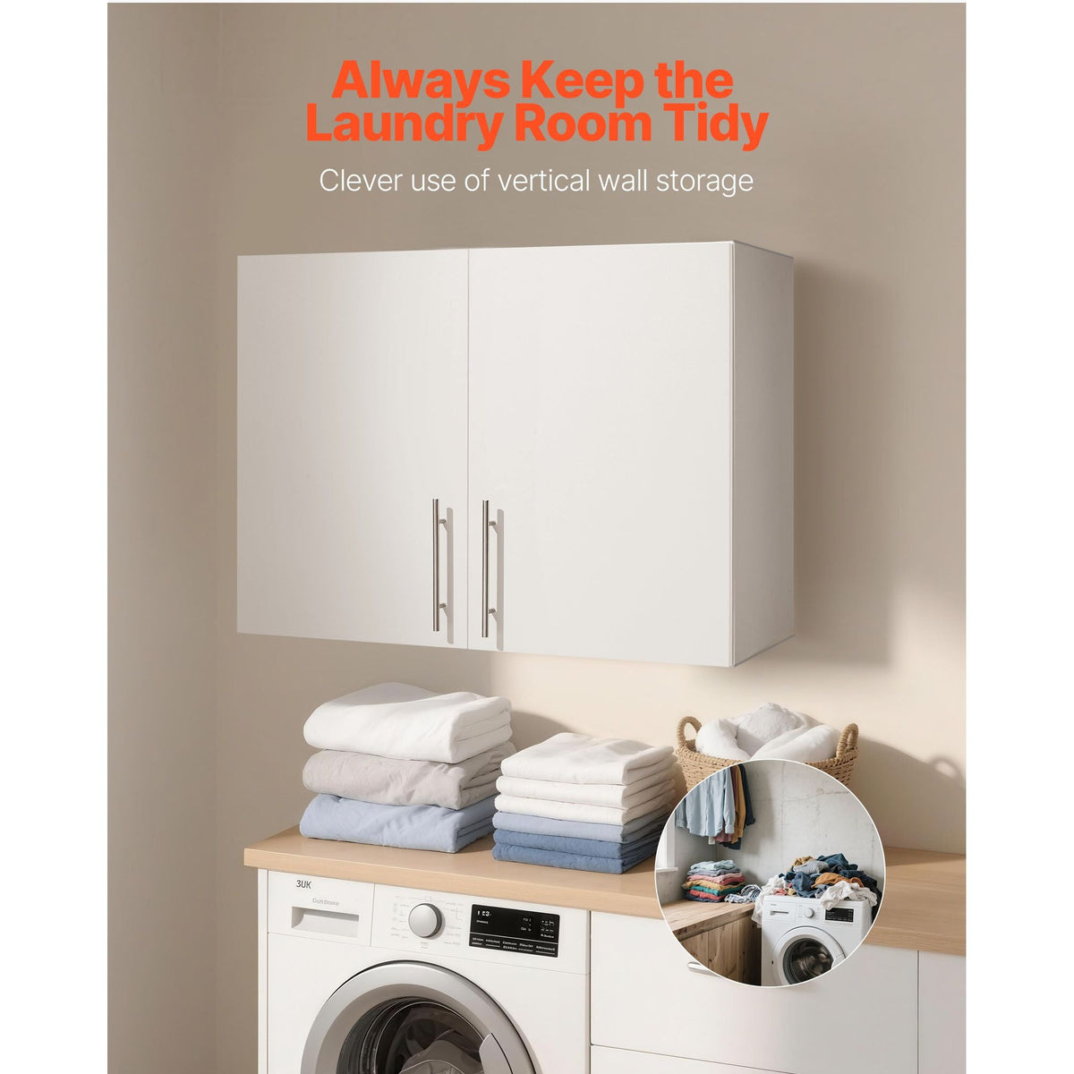 Laundry Room Wall Cabinet, 2-Tier Wall Mounted Hanging Cabinet with Adjustable Shelf, 32 in Cupboard Storage with 2 Doors, for Bathroom, Kitchen, Laundry, 16 x 32 x 24 in (D x W x H), White