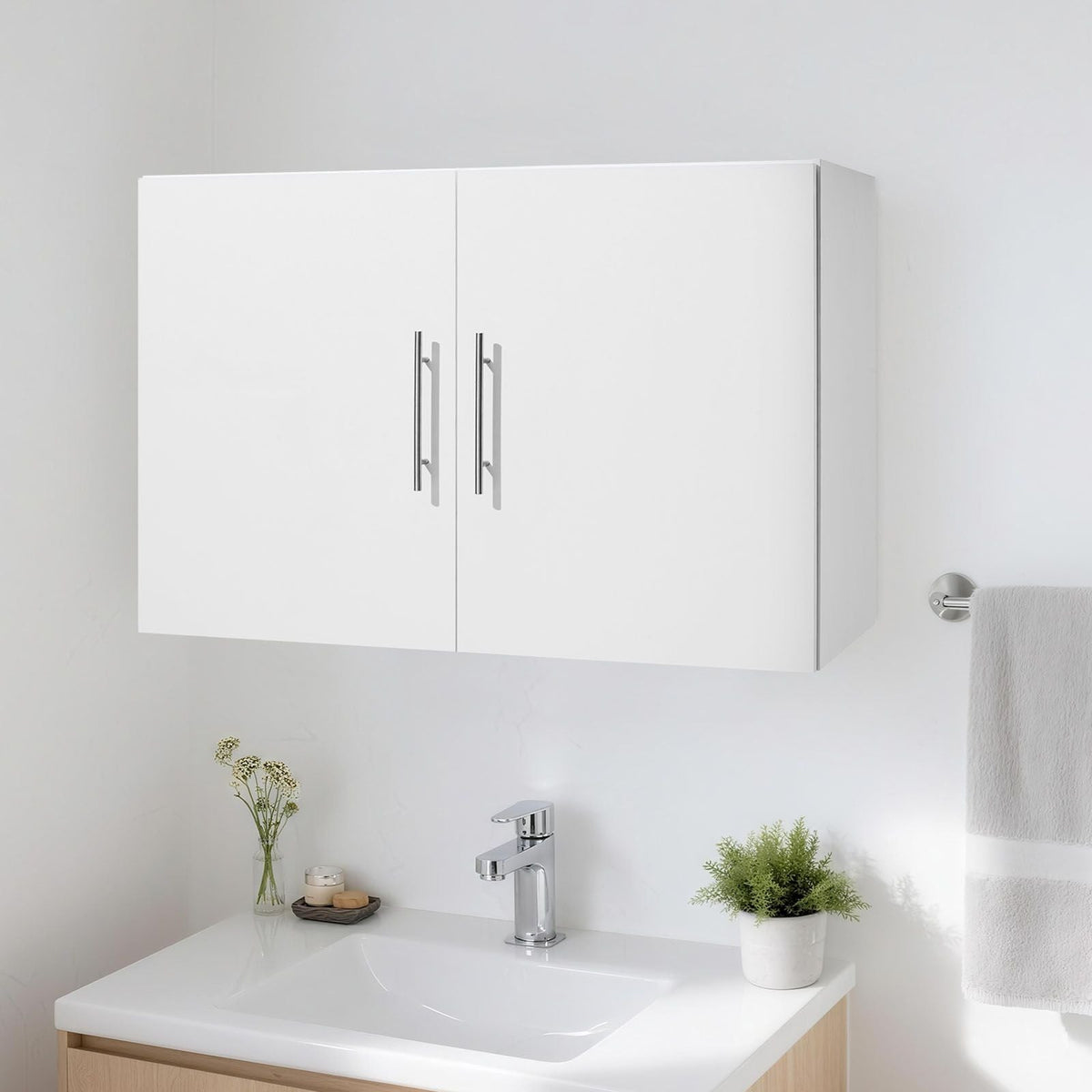 Laundry Room Wall Cabinet, 2-Tier Wall Mounted Hanging Cabinet with Adjustable Shelf, 36 in Cupboard Storage with 2 Doors, for Kitchen, Bathroom, Laundry, 16 x 36 x 24 in (D x W x H), White