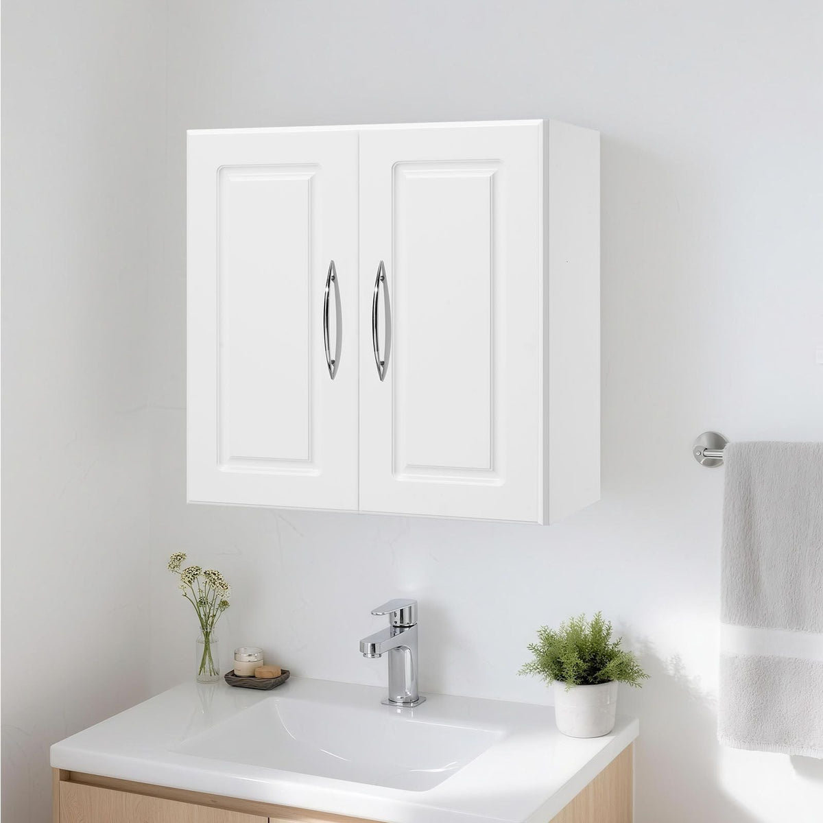 Laundry Room Wall Cabinet, 2-Tier Wall Mounted Hanging Cabinet with Adjustable Shelf, Cupboard Storage with 2 Doors, for Kitchen, Bathroom, Laundry, 11.8 x 23.6 x 23.6 in (D x W x H), White