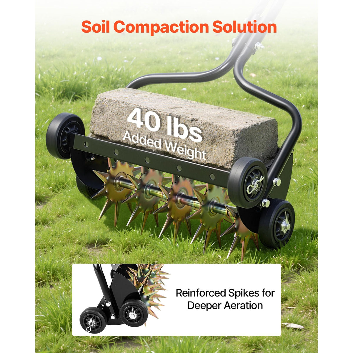 Lawn Aerator, 18 in Manual Push Spike Aerator with 4 Wheels & Handle, Heavy Duty Grass Aerators, Supports 40 lbs Added Weight, Rolling Lawn Aeration Tool for Garden Yard Aeration Soil Health