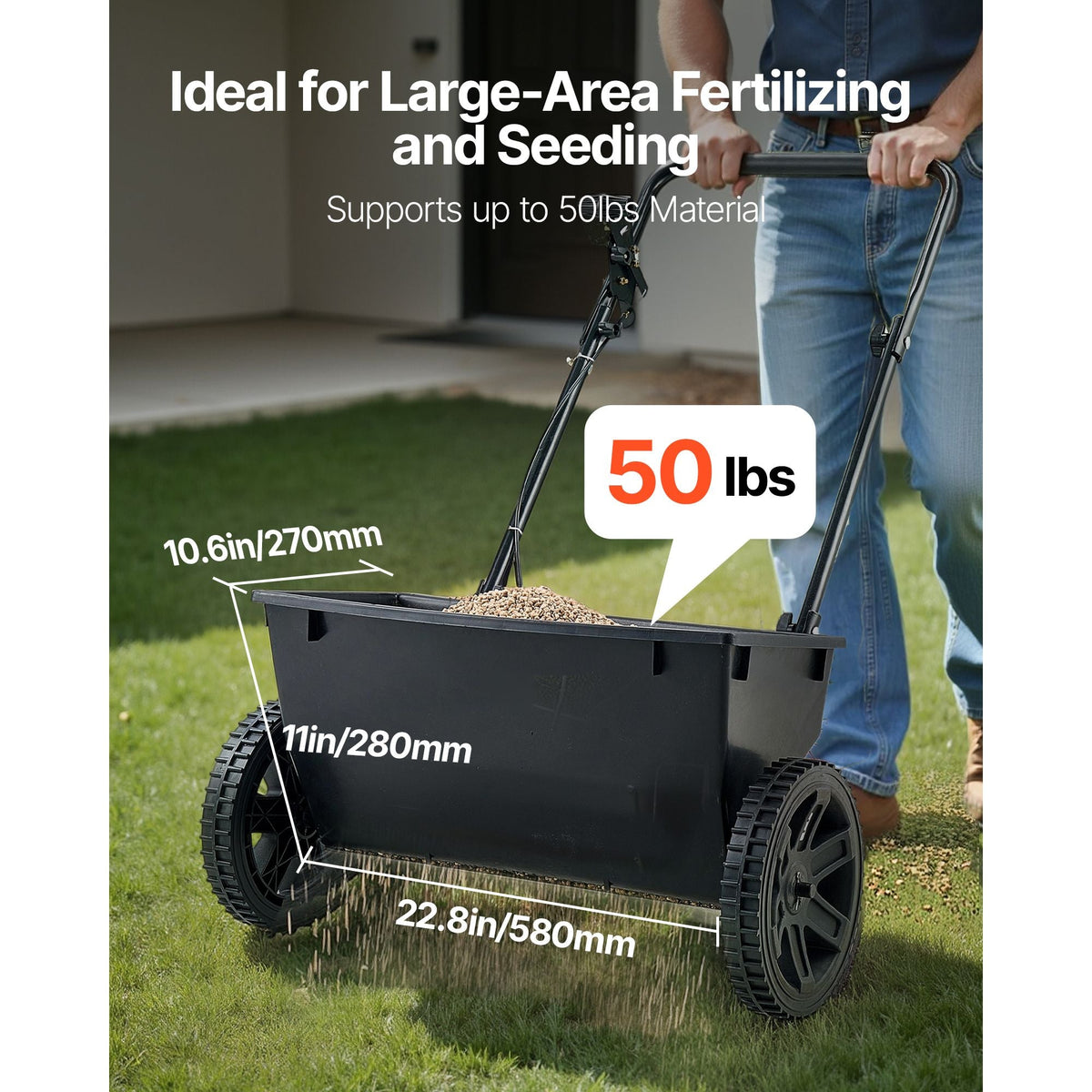 Lawn Drop Spreader, 50LBS Capacity, Walk-Behind Push Spreader, 18 in Spreading Width, 10 in All Terrain Pneumatic Tires, Lawn Spreaders with Hopper Grate, for Seed, Fertilizer, Salt, Ice Melt