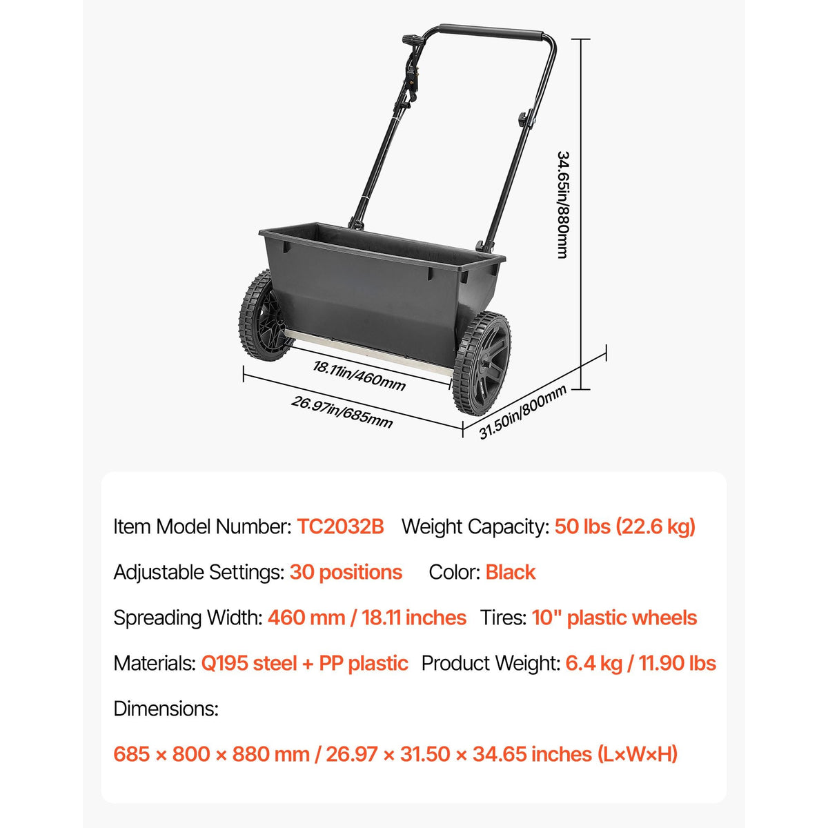 Lawn Drop Spreader, 50LBS Capacity, Walk-Behind Push Spreader, 18 in Spreading Width, 10 in All Terrain Pneumatic Tires, Lawn Spreaders with Hopper Grate, for Seed, Fertilizer, Salt, Ice Melt