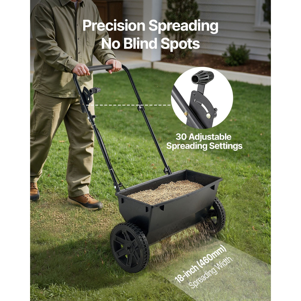 Lawn Drop Spreader, 50LBS Capacity, Walk-Behind Push Spreader, 18 in Spreading Width, 10 in All Terrain Pneumatic Tires, Lawn Spreaders with Hopper Grate, for Seed, Fertilizer, Salt, Ice Melt