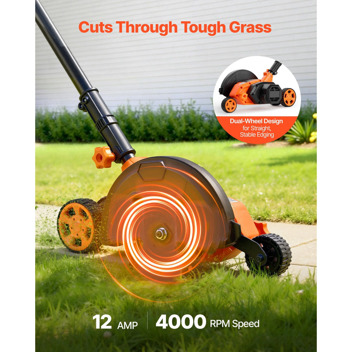 Lawn Edger, 8-inch Blade Length, 12 Amp Electric Edger Lawn Tool, 4000 RPM, with 3-Position Blade Depth, 65 Mn, Pivoting Handle, Dual Wheels, for Lawns, Driveways, Yards, and Sidewalk Edges