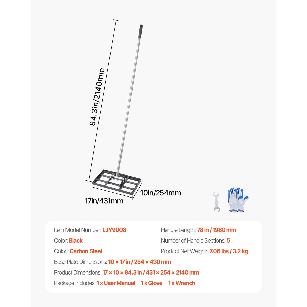 Lawn Leveling Rake, Lawn Leveler with 78 in Handle, 17x10 in Ground Plate, Rust-Resistant Carbon Steel Soil Leveler, 5 Heights Adjustable, Effort Saving Lawn Leveling Tool for Yard Golf Court