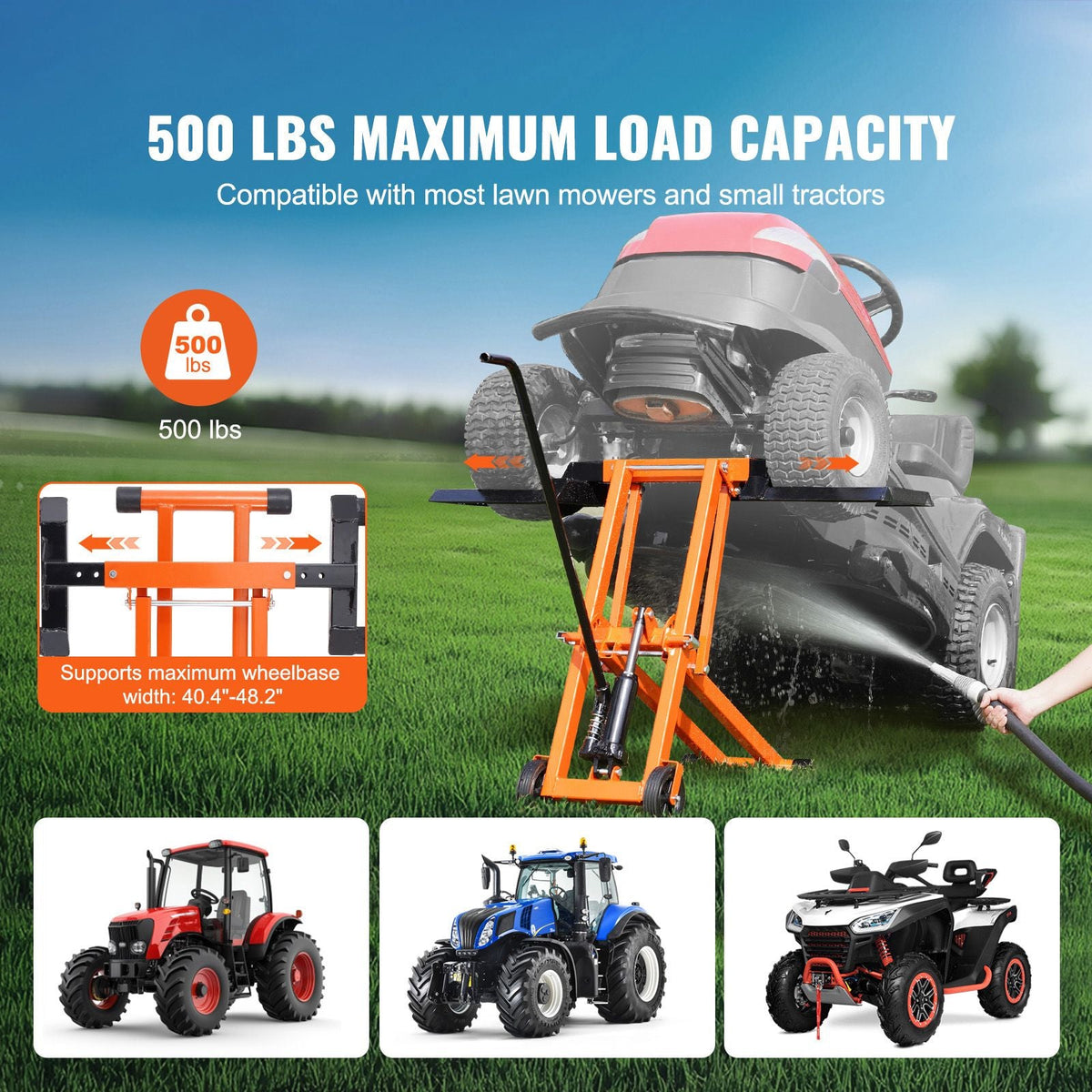 Lawn Mower Lift with Hydraulic Jack, 500 Lbs Weight Capacity, Solid Carbon Steel Lawn Mower Lift, Adjustable Movable Lawn Lifter for Riding Tractors and Zero Turn Lawn Mowers, Orange