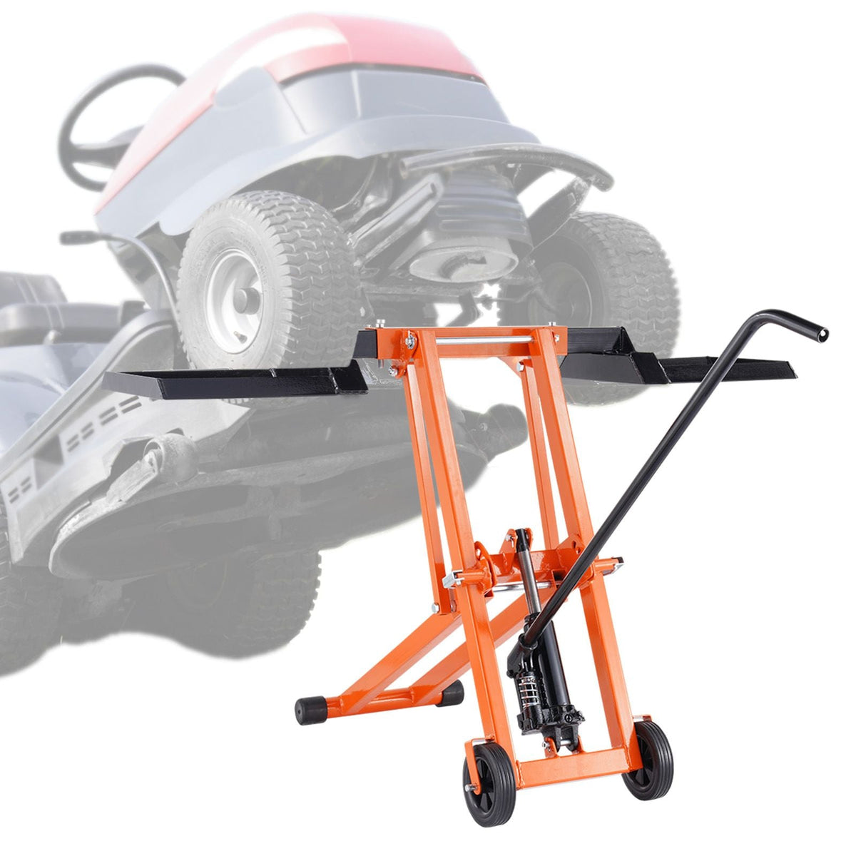Lawn Mower Lift with Hydraulic Jack, 500 Lbs Weight Capacity, Solid Carbon Steel Lawn Mower Lift, Adjustable Movable Lawn Lifter for Riding Tractors and Zero Turn Lawn Mowers, Orange