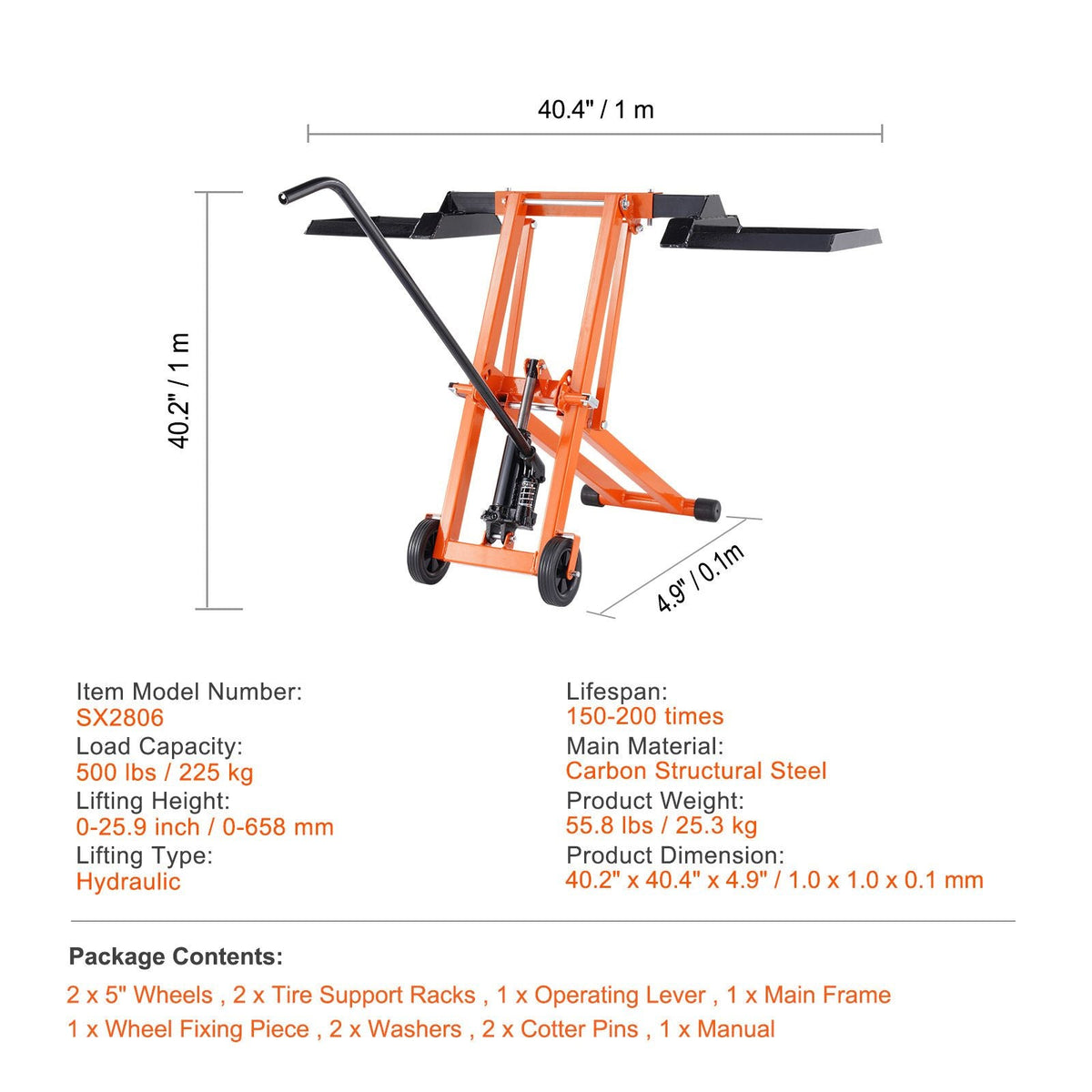 Lawn Mower Lift with Hydraulic Jack, 500 Lbs Weight Capacity, Solid Carbon Steel Lawn Mower Lift, Adjustable Movable Lawn Lifter for Riding Tractors and Zero Turn Lawn Mowers, Orange