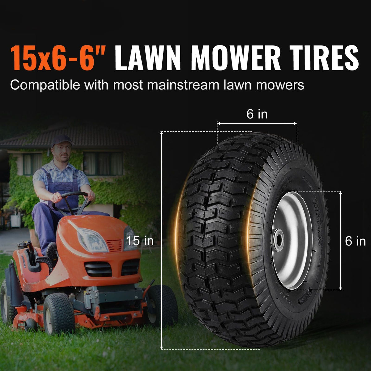 Lawn Mower Tires, 15x6-6" Lawn Tractor Tires, 2-Pack Tire and Wheel Assemblies, Turf Pneumatic Tires with 3" Centered Hub and 3/4" Bushing Size, 16 PCS Adapters for Riding Mowers Lawn Tractors