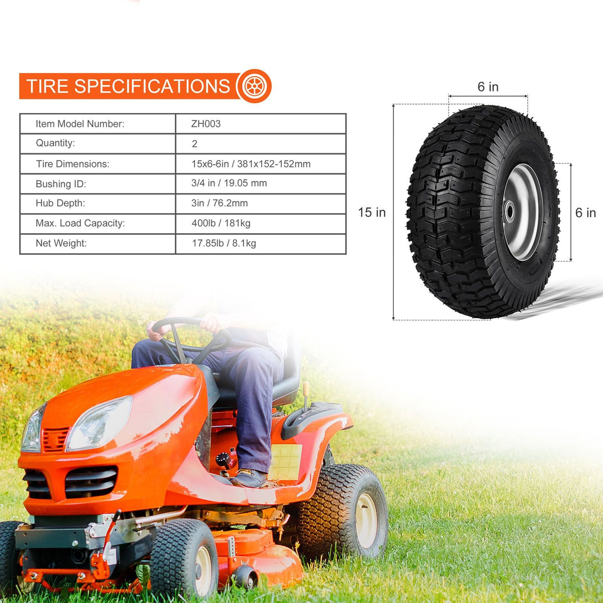 Lawn Mower Tires, 15x6-6" Lawn Tractor Tires, 2-Pack Tire and Wheel Assemblies, Turf Pneumatic Tires with 3" Centered Hub and 3/4" Bushing Size, 16 PCS Adapters for Riding Mowers Lawn Tractors