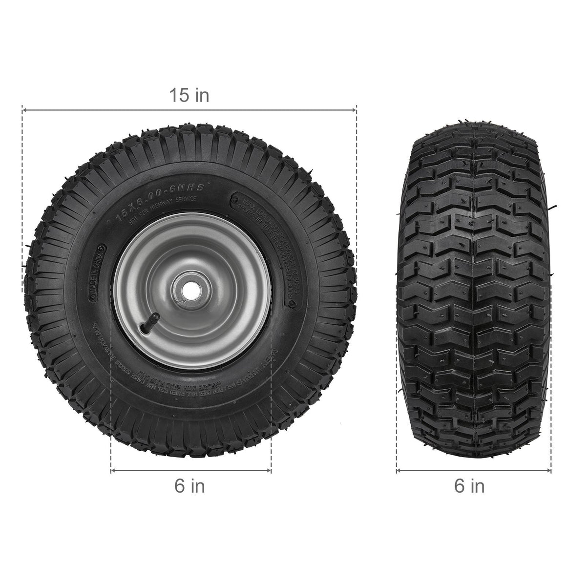 Lawn Mower Tires, 15x6-6" Lawn Tractor Tires, 2-Pack Tire and Wheel Assemblies, Turf Pneumatic Tires with 3" Centered Hub and 3/4" Bushing Size, 16 PCS Adapters for Riding Mowers Lawn Tractors