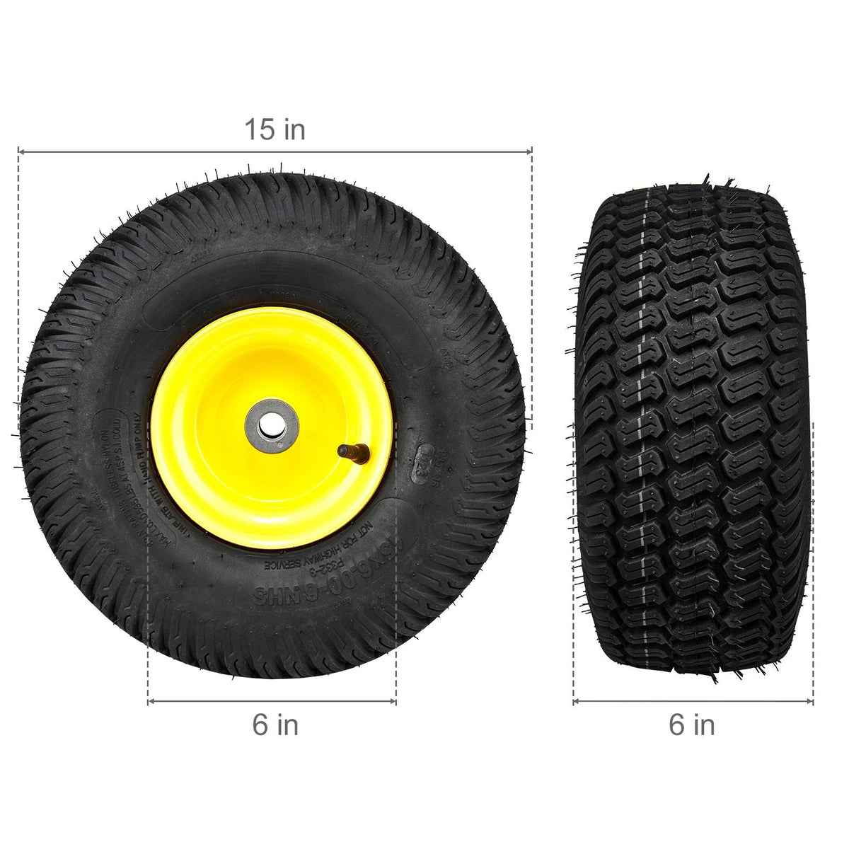 Lawn Mower Tires with Rim, 15x6-6" Tubeless Tractor Tires, 2-Pack Tire and Wheel Assembly, S-Turf Pneumatic Tires, 3" Offset Hub, 3/4" Bushing Size, 16 PCS Adapters for Riding Mower Lawn Tractor