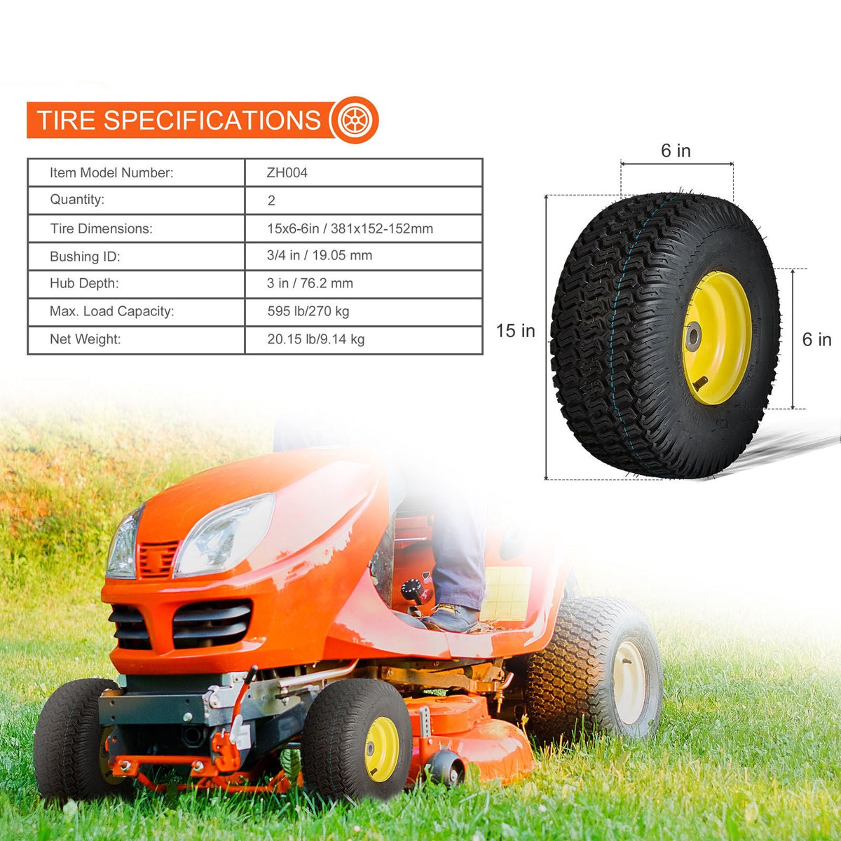 Lawn Mower Tires with Rim, 15x6-6" Tubeless Tractor Tires, 2-Pack Tire and Wheel Assembly, S-Turf Pneumatic Tires, 3" Offset Hub, 3/4" Bushing Size, 16 PCS Adapters for Riding Mower Lawn Tractor