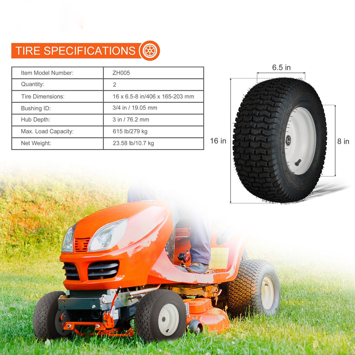 Lawn Mower Tires with Rim, 16x6.5-8" Tubeless Tractor Tires, 2-Pack Tire and Wheel Assembly, Turf Pneumatic Tires, 3" Offset Hub, 3/4" Bushing Size, 16 PCS Adapters for Riding Mower Lawn Tractor