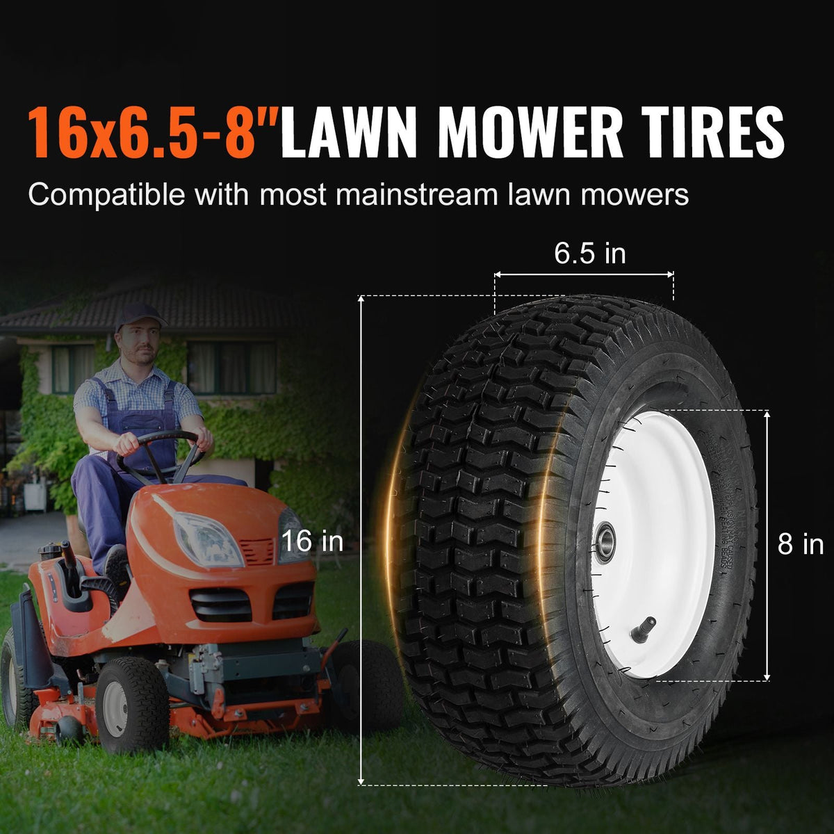Lawn Mower Tires with Rim, 16x6.5-8" Tubeless Tractor Tires, 2-Pack Tire and Wheel Assembly, Turf Pneumatic Tires, 3" Offset Hub, 3/4" Bushing Size, 16 PCS Adapters for Riding Mower Lawn Tractor