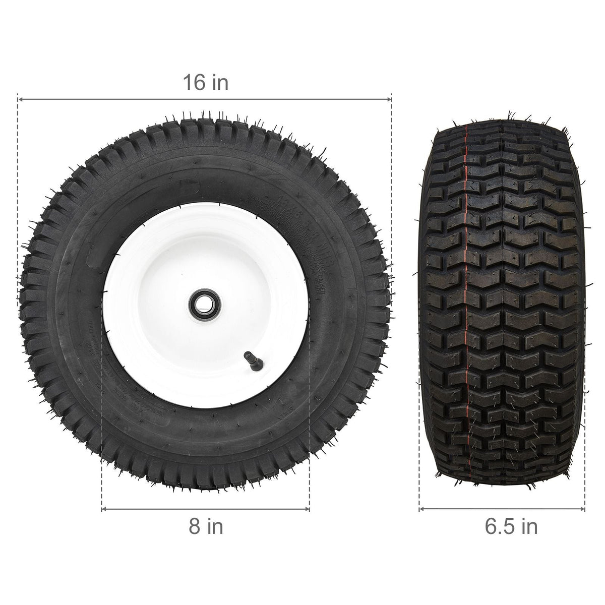 Lawn Mower Tires with Rim, 16x6.5-8" Tubeless Tractor Tires, 2-Pack Tire and Wheel Assembly, Turf Pneumatic Tires, 3" Offset Hub, 3/4" Bushing Size, 16 PCS Adapters for Riding Mower Lawn Tractor