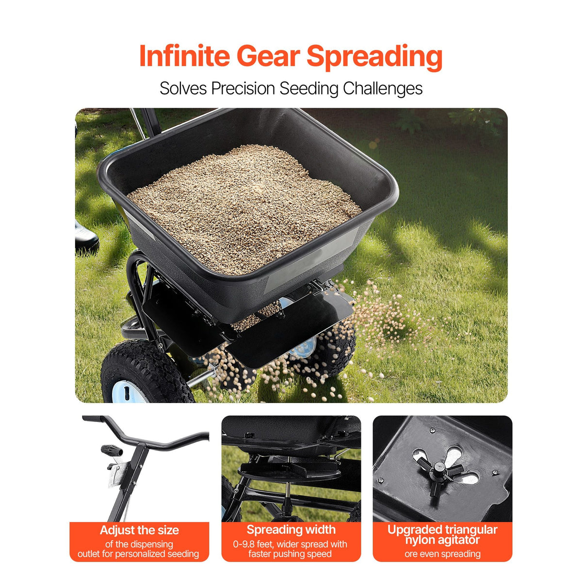 Lawn Spreader, 100LBS Capacity, Walk-Behind Push Spreader, 0-9.8ft Spreading Width, 13 in All Terrain Pneumatic Tires, Fertilizer Spreaders with Hopper Grate, for Seed Salt Ice Melt