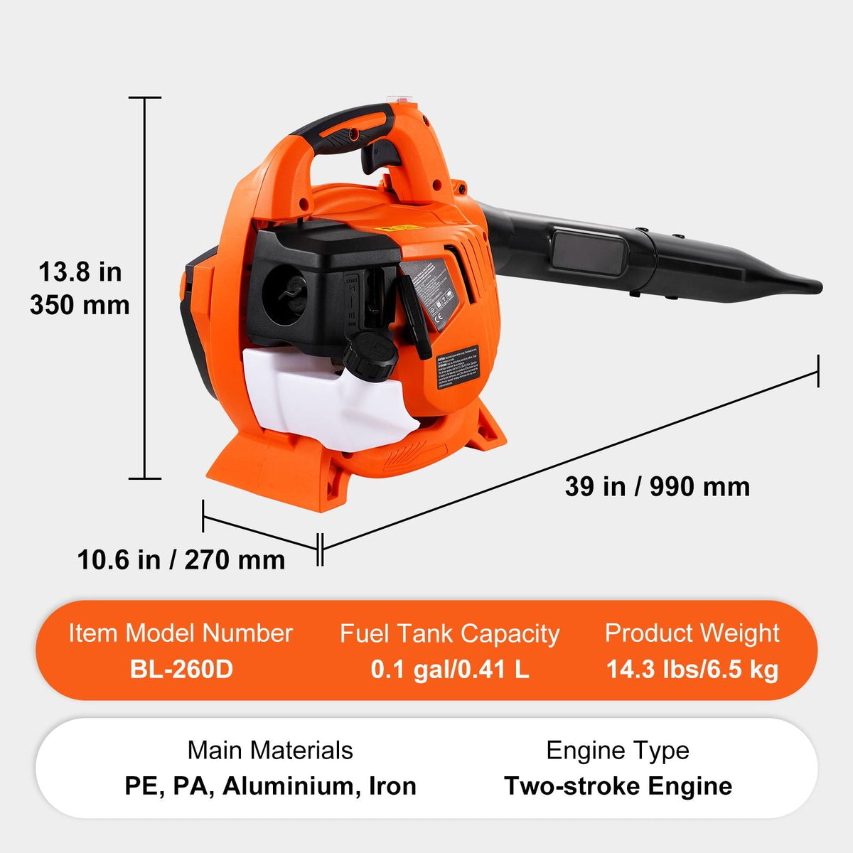 Leaf Blower, 26CC 2-Cycle Handheld Leaf Blower with A Fuel Tank, 2-in-1 Blower 425CFM Air Volume 156MPH Speed, Ideal for Lawn Care, Leaf Cleaning, and Snow Removal