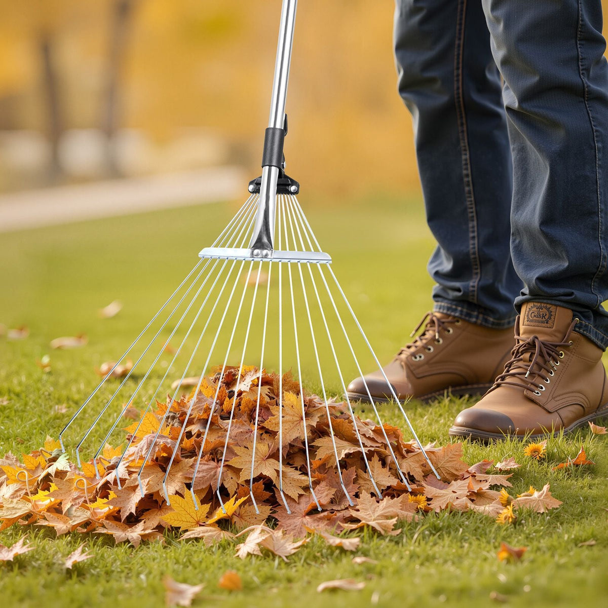 Leaf Rake, 15 Metal Tines, Adjustable Garden Rake for Lawns with 7.5-22.4 Inch Wide Head & 32-63 Inch Long Handle, Heavy Duty Stainless Steel Small Leaves Tool for Gardening Camping Yard Grass
