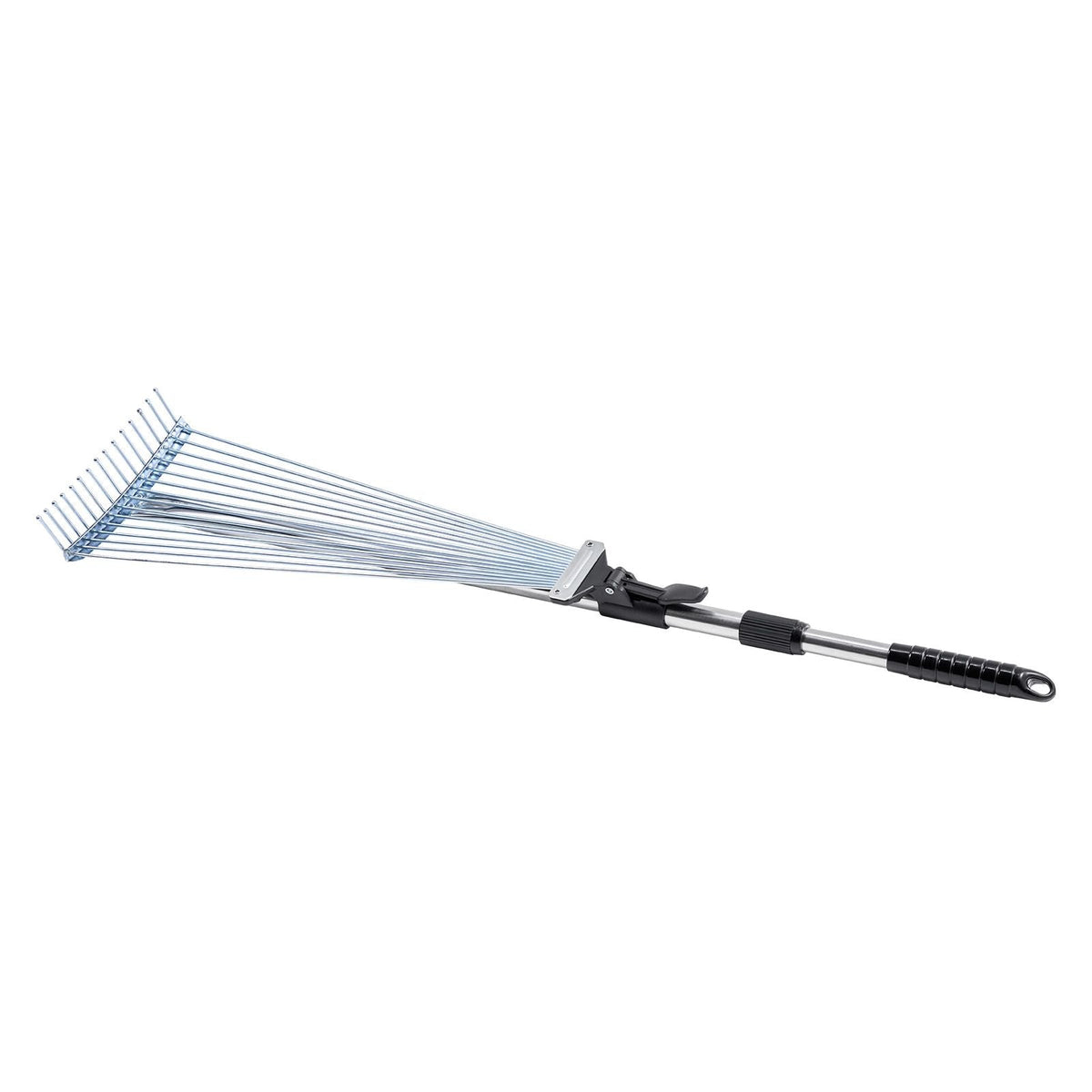 Leaf Rake, 15 Metal Tines, Adjustable Garden Rake for Lawns with 7.5-22.4 Inch Wide Head & 32-63 Inch Long Handle, Heavy Duty Stainless Steel Small Leaves Tool for Gardening Camping Yard Grass