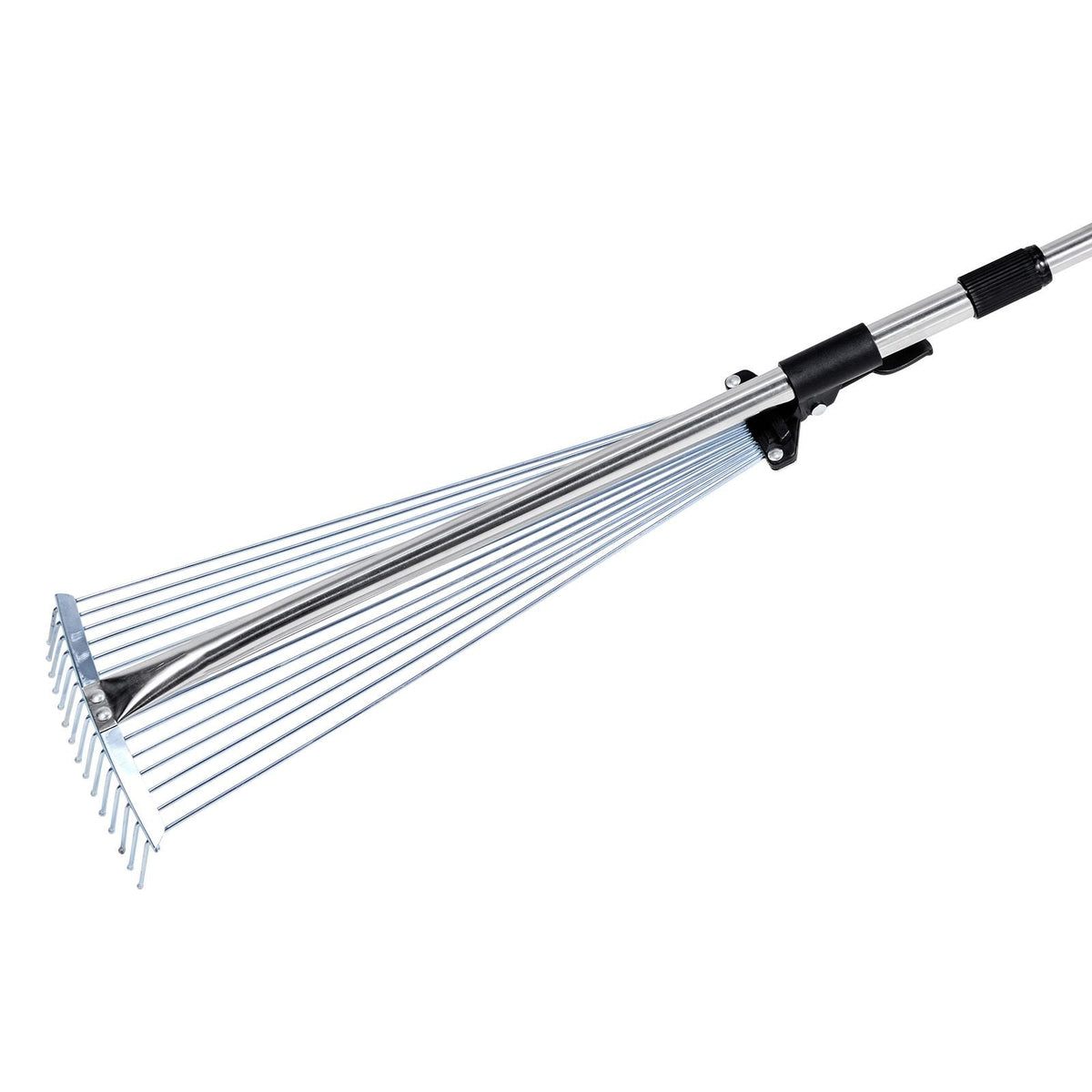 Leaf Rake, 15 Metal Tines, Adjustable Garden Rake for Lawns with 7.5-22.4 Inch Wide Head & 32-63 Inch Long Handle, Heavy Duty Stainless Steel Small Leaves Tool for Gardening Camping Yard Grass