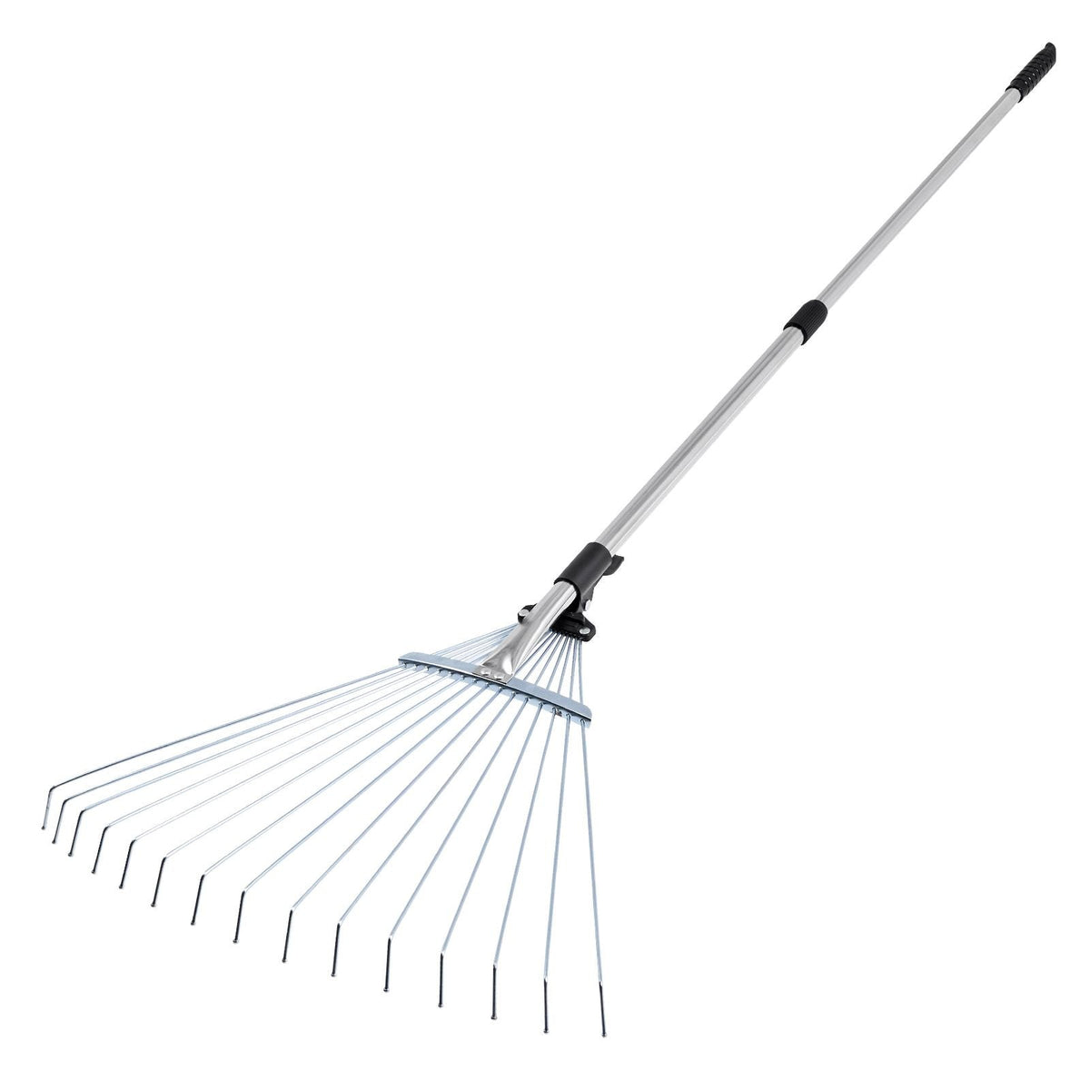 Leaf Rake, 15 Metal Tines, Adjustable Garden Rake for Lawns with 7.5-22.4 Inch Wide Head & 32-63 Inch Long Handle, Heavy Duty Stainless Steel Small Leaves Tool for Gardening Camping Yard Grass