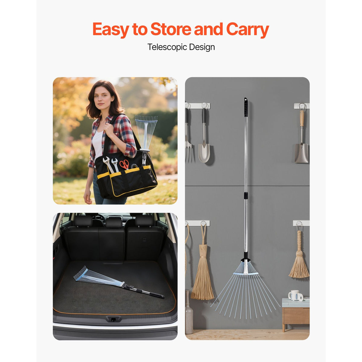 Leaf Rake, 15 Metal Tines, Adjustable Garden Rake for Lawns with 7.5-22.4 Inch Wide Head & 32-63 Inch Long Handle, Heavy Duty Stainless Steel Small Leaves Tool for Gardening Camping Yard Grass