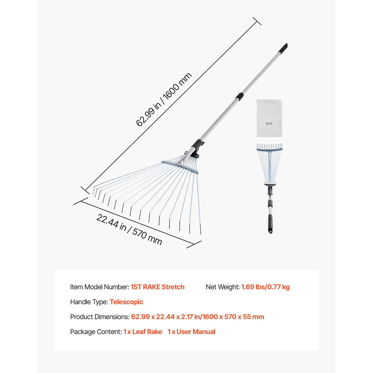 Leaf Rake, 15 Metal Tines, Adjustable Garden Rake for Lawns with 7.5-22.4 Inch Wide Head & 32-63 Inch Long Handle, Heavy Duty Stainless Steel Small Leaves Tool for Gardening Camping Yard Grass