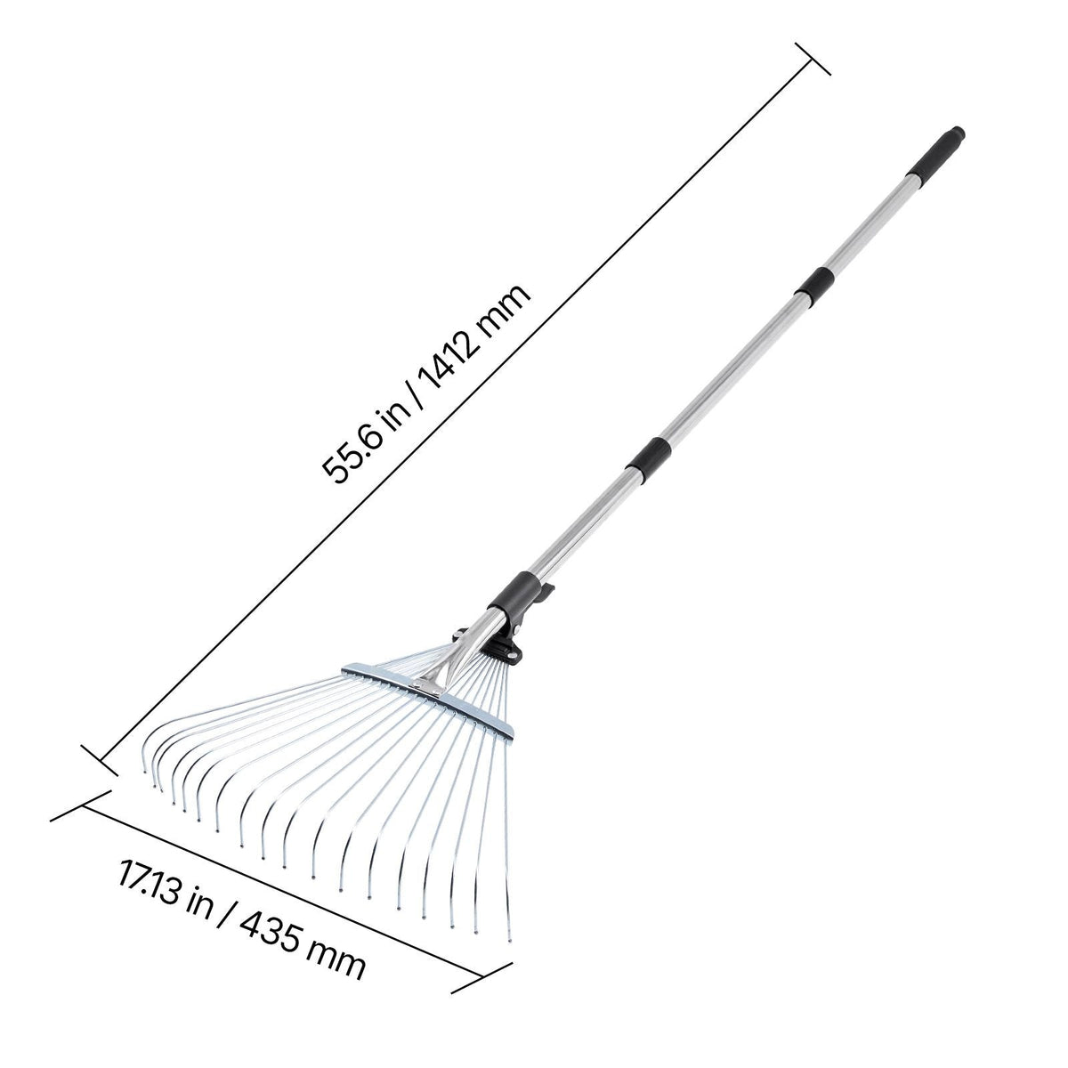 Leaf Rake, 18 Metal Tines, Adjustable Garden Rake for Lawns with 7.7-17.1 Inch Head & 32.3-55.6 Inch Long Handle, Heavy Duty Stainless Steel Small Leaves Tool for Gardening Camping Yard Grass